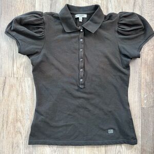 Burberry Dark Green Puff Sleeve Button Down Polo Shirt- SZ. MED